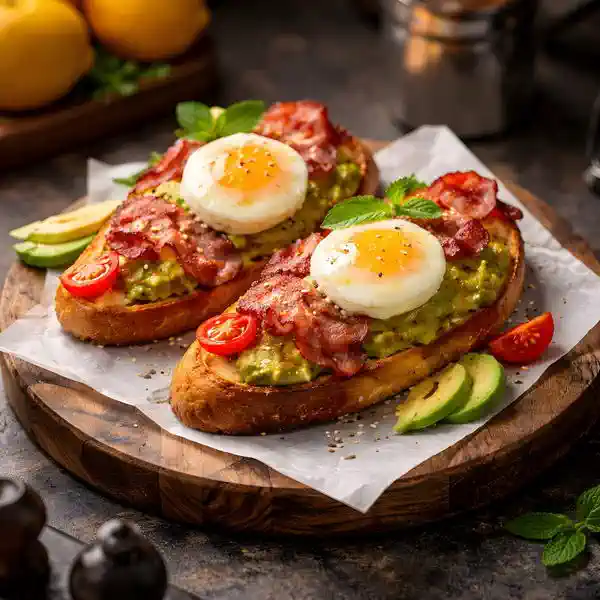 AVOCADO BRUSCHETTA with fried egg, crispy bacon, cherry tomatoes, guacamole, sesame