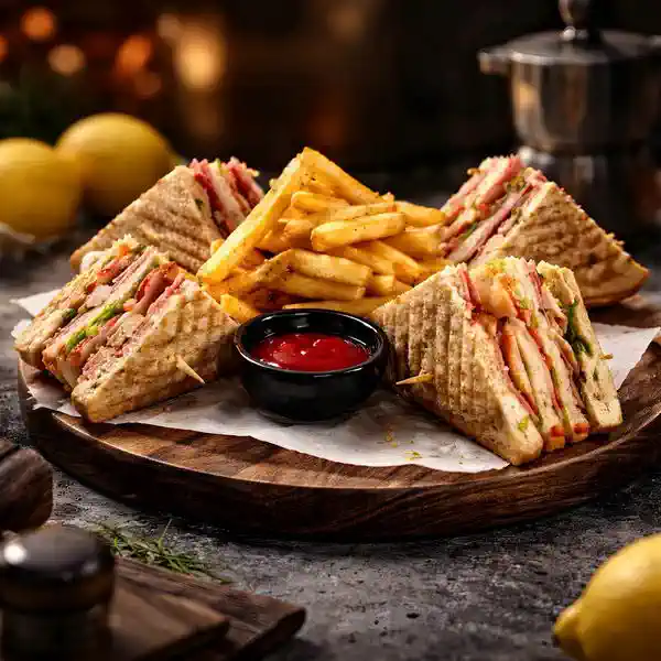 Club Sandwich with ham, cheese, bacon and fried potatoes