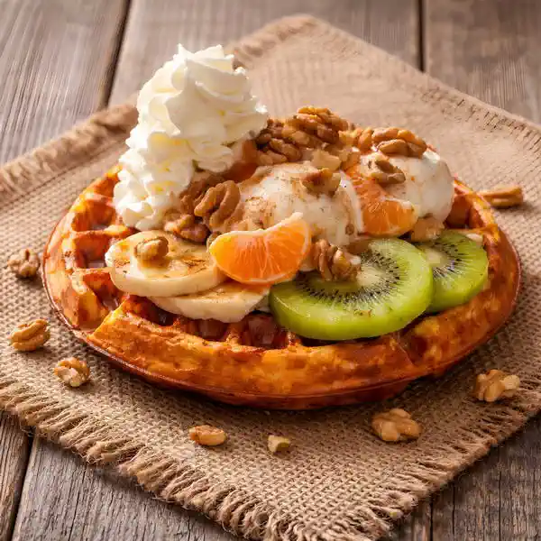 Waffles with fruits, honey and hazelnuts