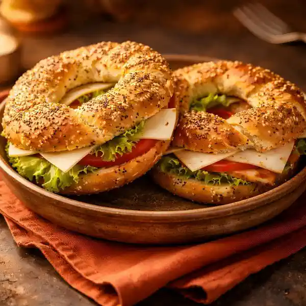 STUFFED BAGELS WITH TURKEY,CHEESE, TOMATO, LETTUCE, CREAM CHEESE